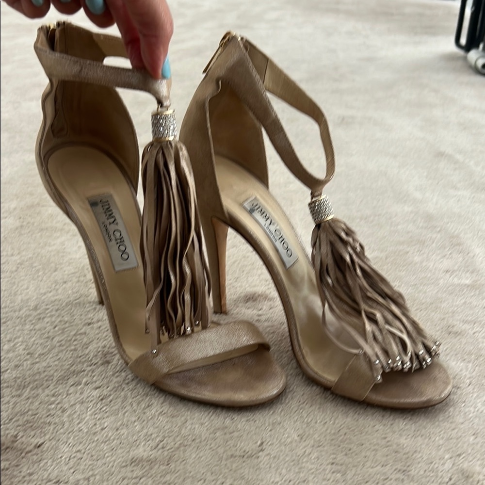 Jimmy Choo Tan Block Heel Fringe Sandals